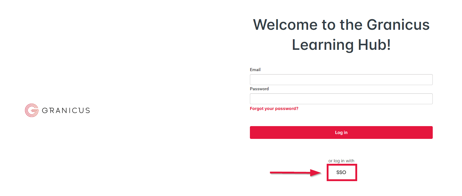 LearnUpon Login Page illustrating the location of the log in with SSO text